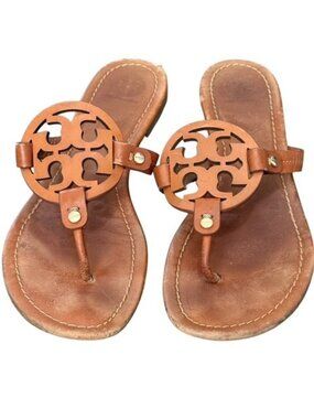 Tory Burch Size 9 Womens Miller Brown Leather Logo Cut Out Thong Sandals Leather